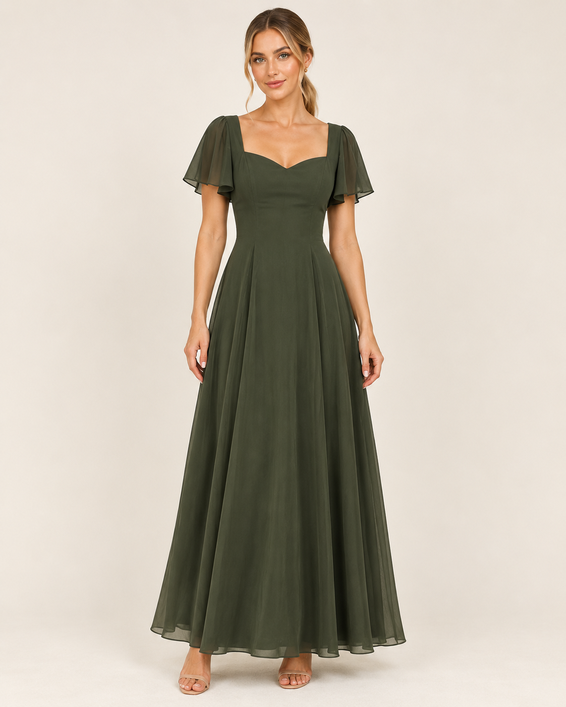 Elowen Olive Green Sweetheart Chiffon Maxi Dress