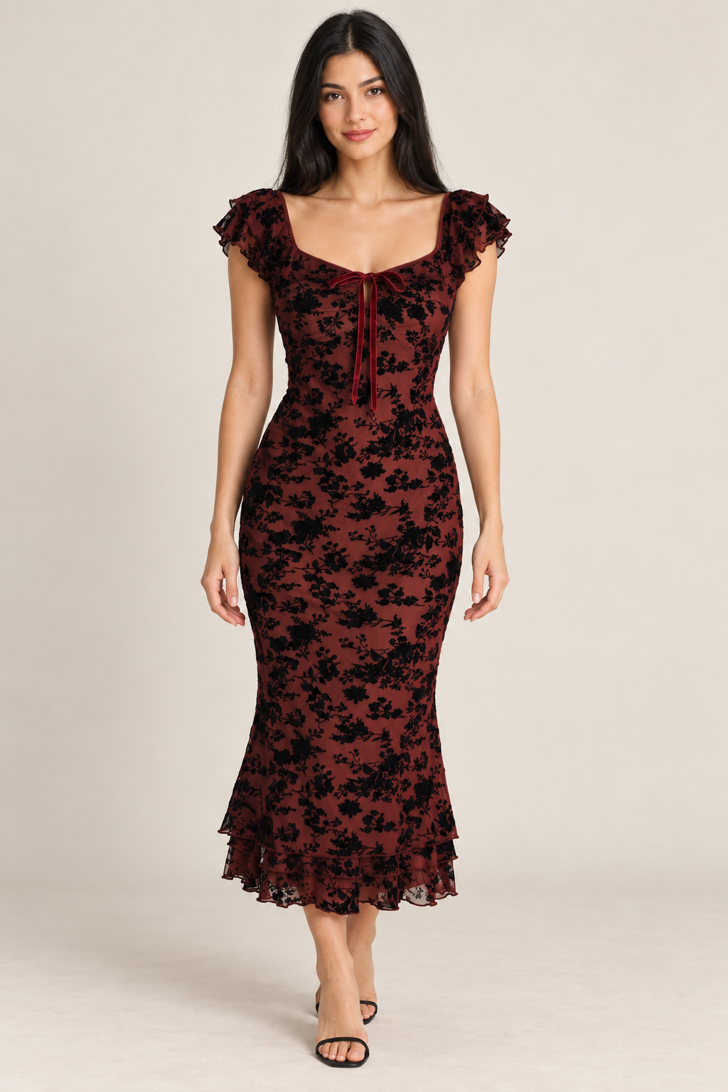 Sabine Wine Red Floral Ruffle Mermaid Midi Dress
