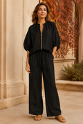 Serena Black Zip-Front Wide-Leg Set