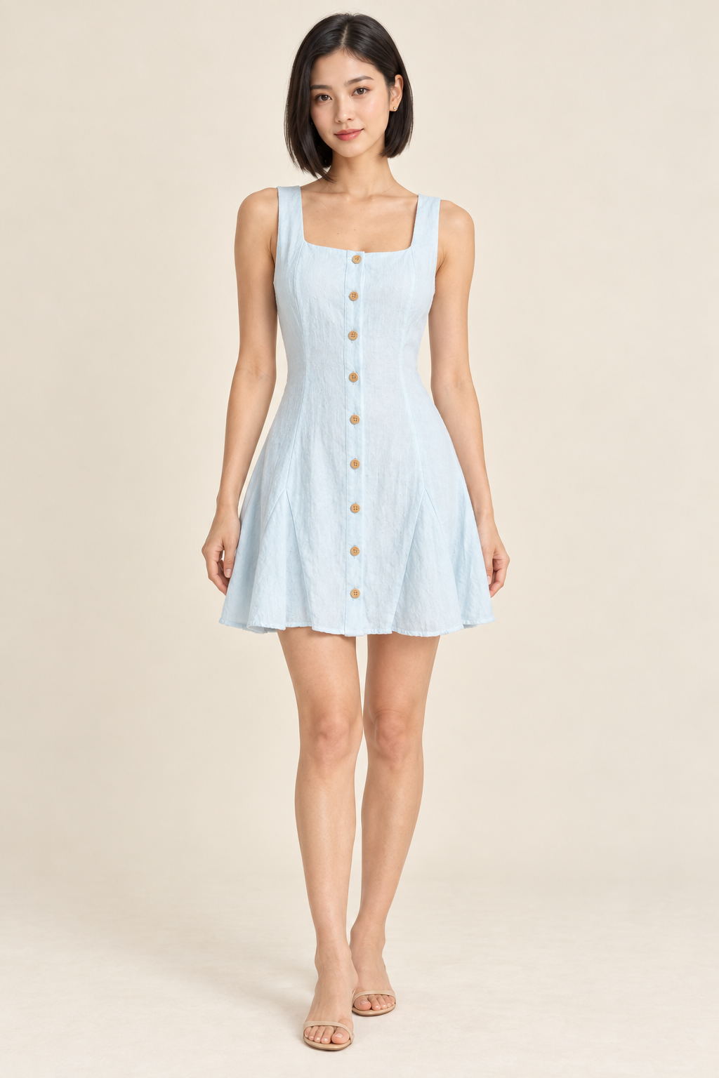 Marielle Ice Blue Button-Front Skater Mini Dress