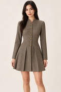 Margot Brown Herringbone Pleated Mini Dress