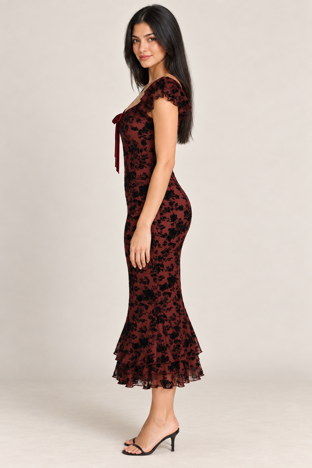 Sabine Wine Red Floral Ruffle Mermaid Midi Dress