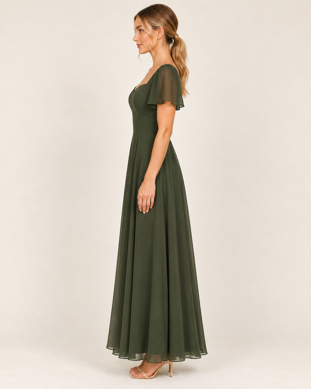 Elowen Olive Green Sweetheart Chiffon Maxi Dress