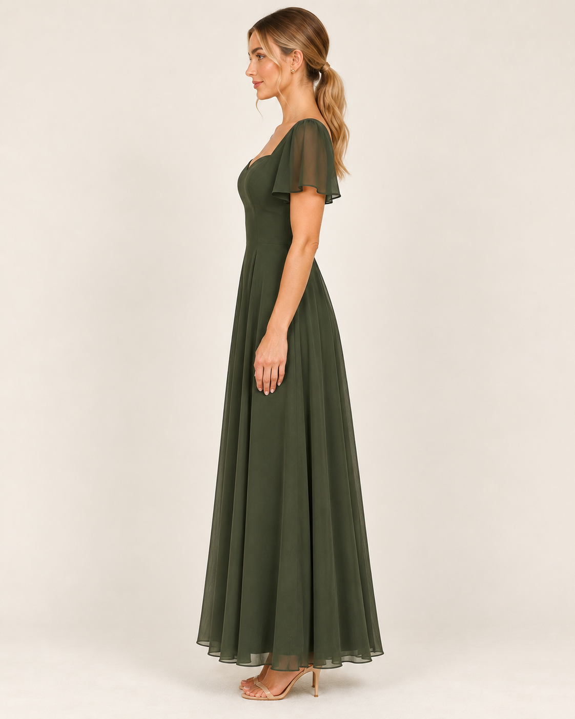 Elowen Olive Green Sweetheart Chiffon Maxi Dress