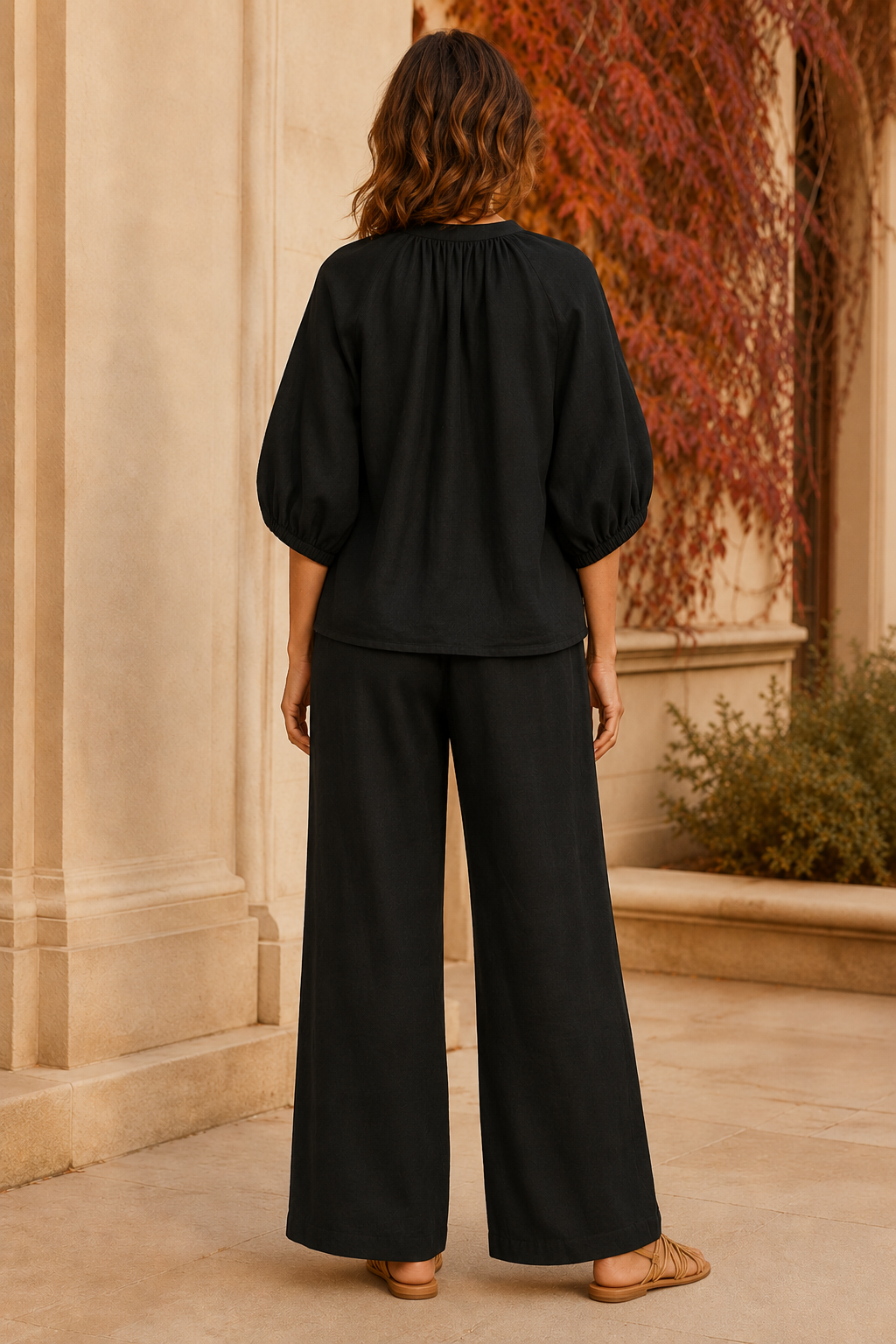 Serena Black Zip-Front Wide-Leg Set