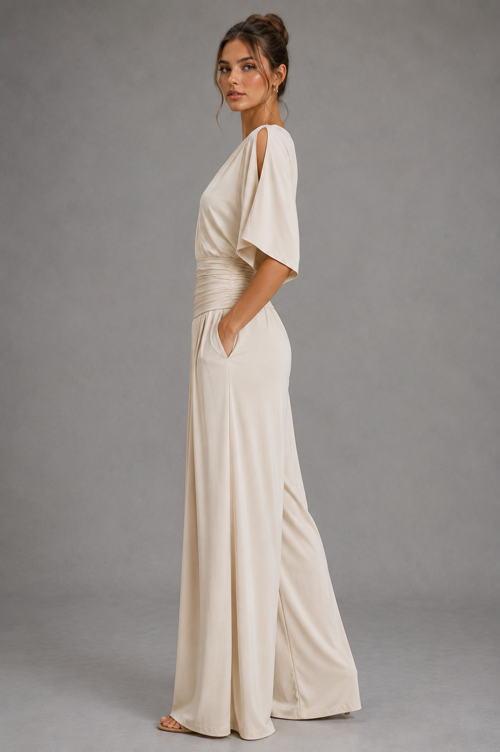Elara Ivory Ruched Jumpsuit