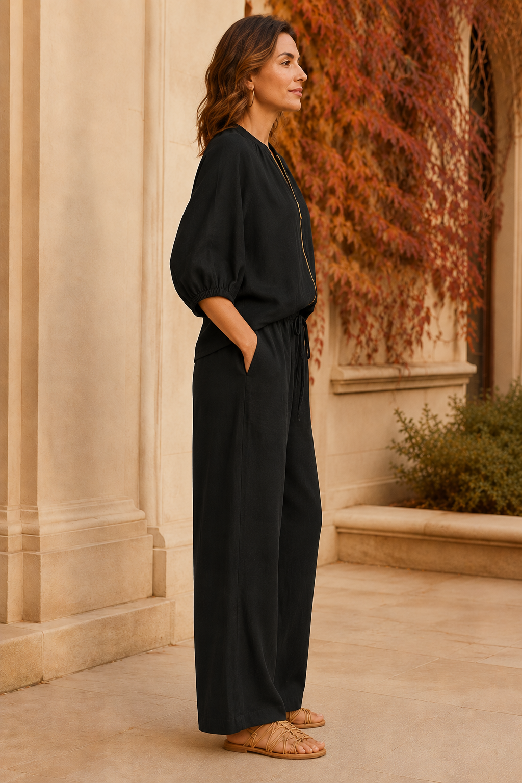 Serena Black Zip-Front Wide-Leg Set