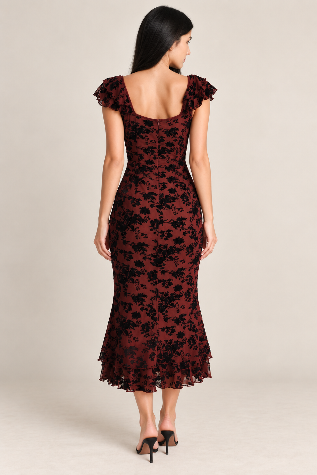 Sabine Wine Red Floral Ruffle Mermaid Midi Dress