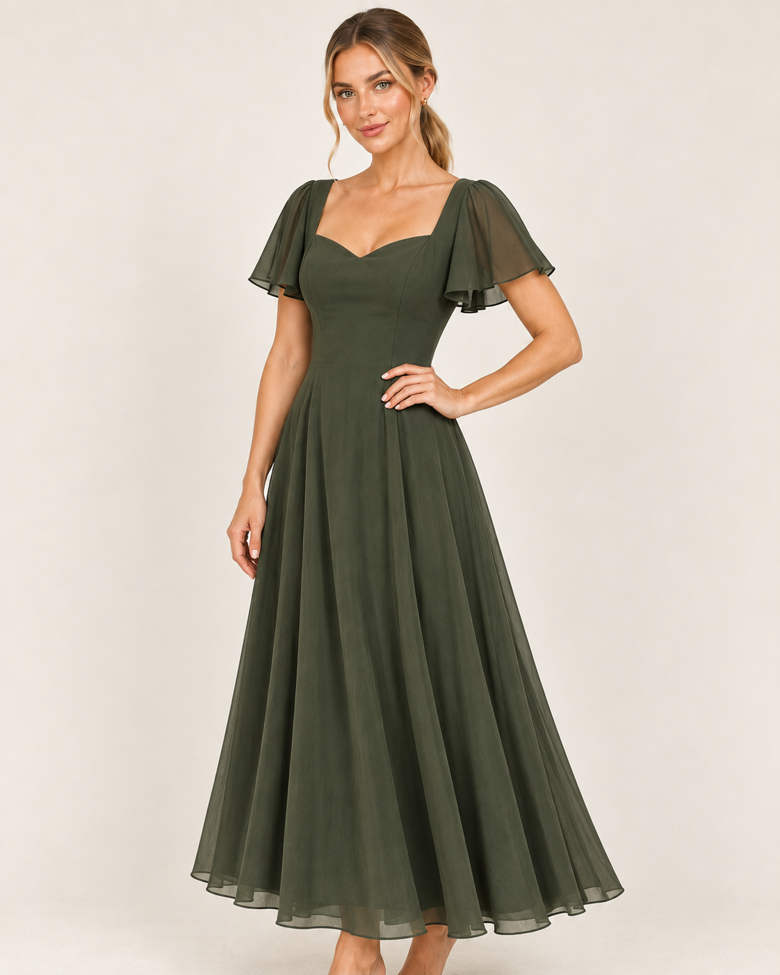 Elowen Olive Green Sweetheart Chiffon Maxi Dress