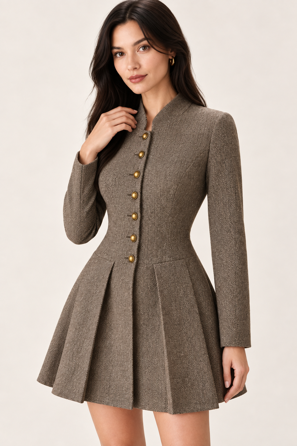 Margot Brown Herringbone Pleated Mini Dress