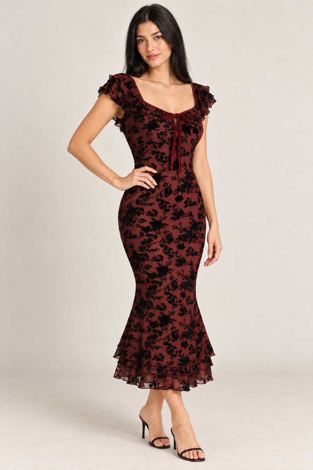 Sabine Wine Red Floral Ruffle Mermaid Midi Dress