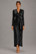 Odette Black Satin Wrap Maxi Dress