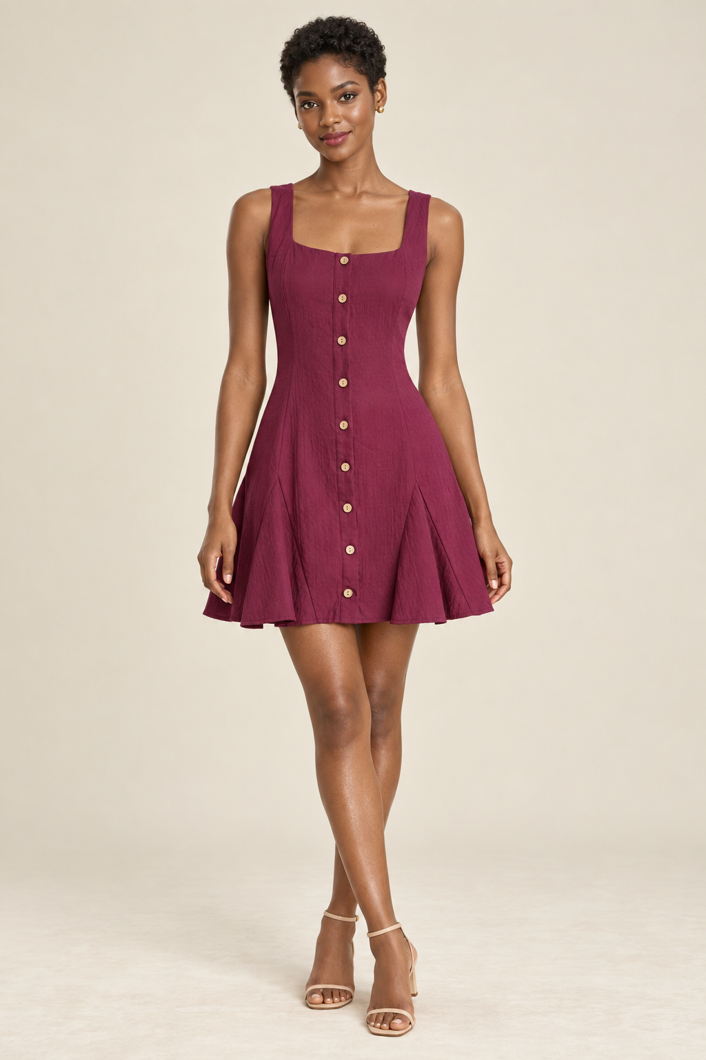 Roxanne Raspberry Button-Front Skater Mini Dress