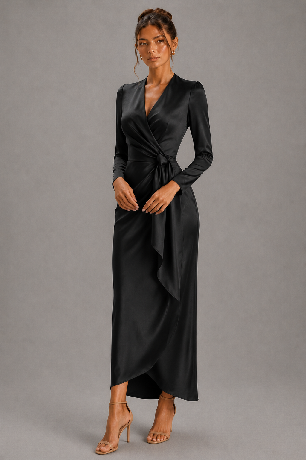 Odette Black Satin Wrap Maxi Dress