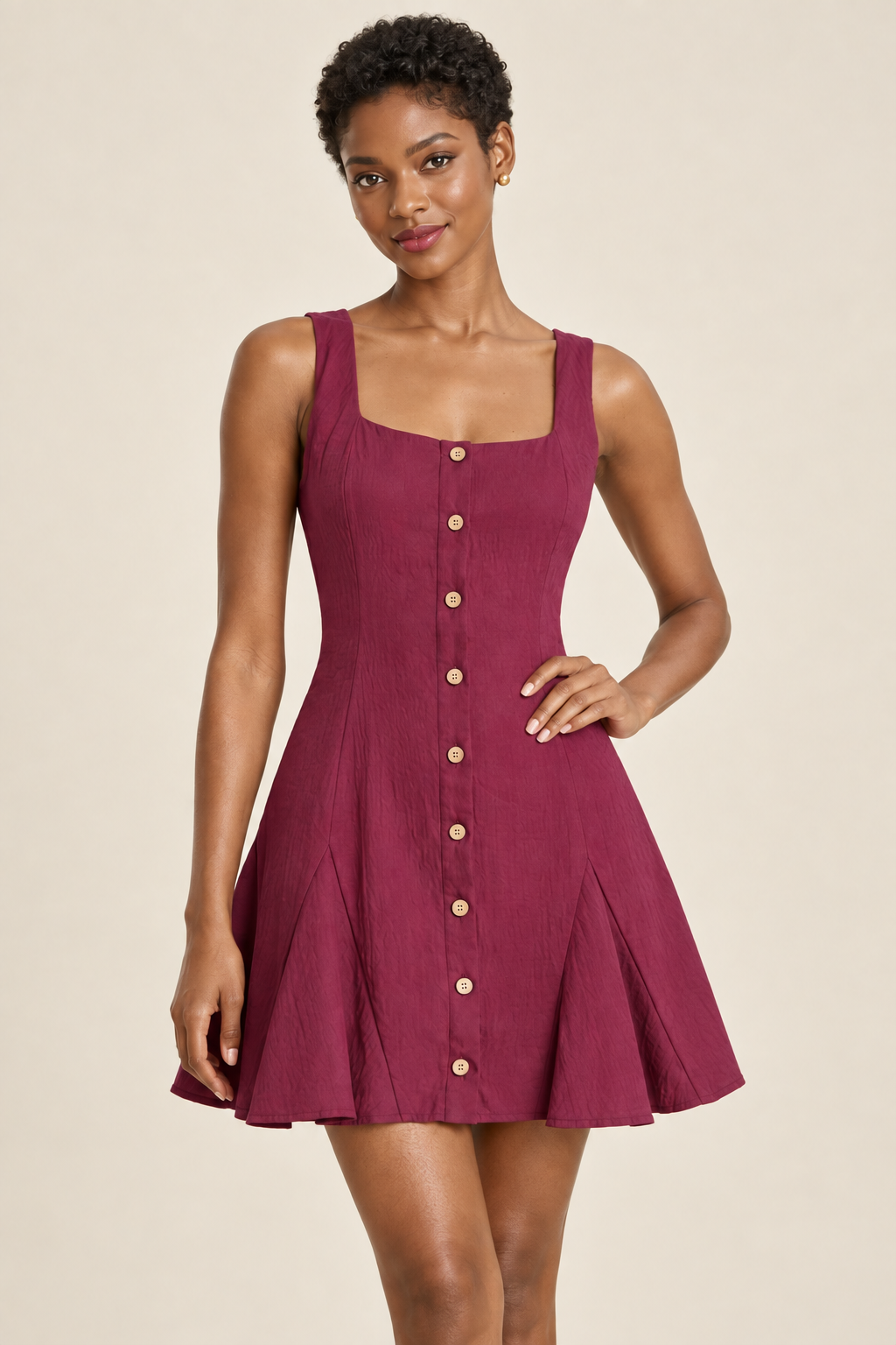 Roxanne Raspberry Button-Front Skater Mini Dress