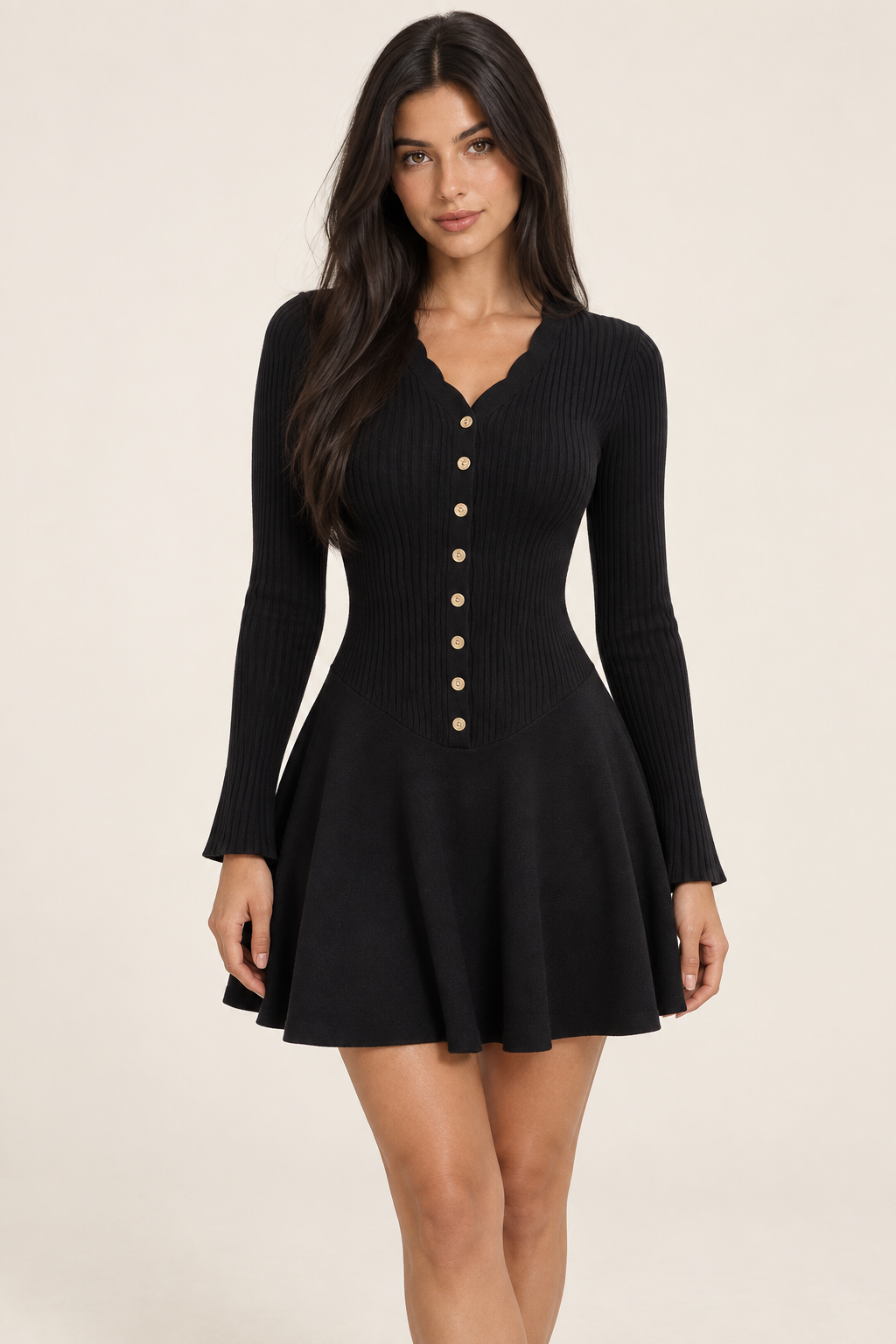 Lucienne Black Ribbed Button-Front Sweater Mini Dress