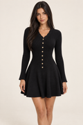 Lucienne Black Ribbed Button-Front Sweater Mini Dress