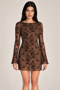 Estelle Coffee Floral Mesh Mini Dress