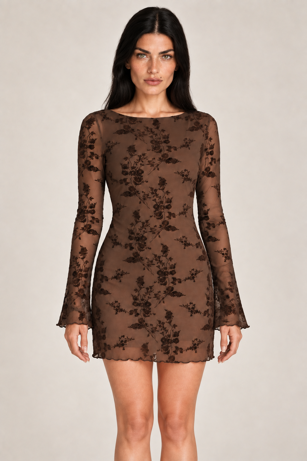 Estelle Coffee Floral Mesh Mini Dress