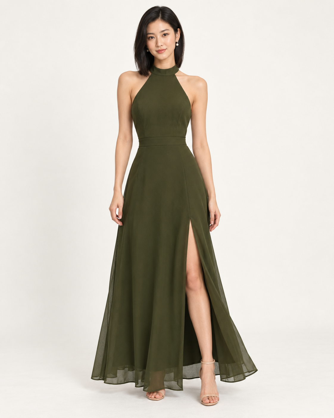 Maeve Olive Green Halter Chiffon Maxi Dress