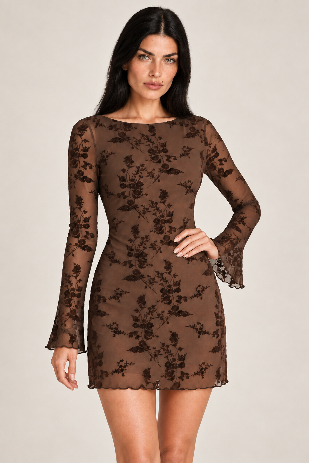 Estelle Coffee Floral Mesh Mini Dress
