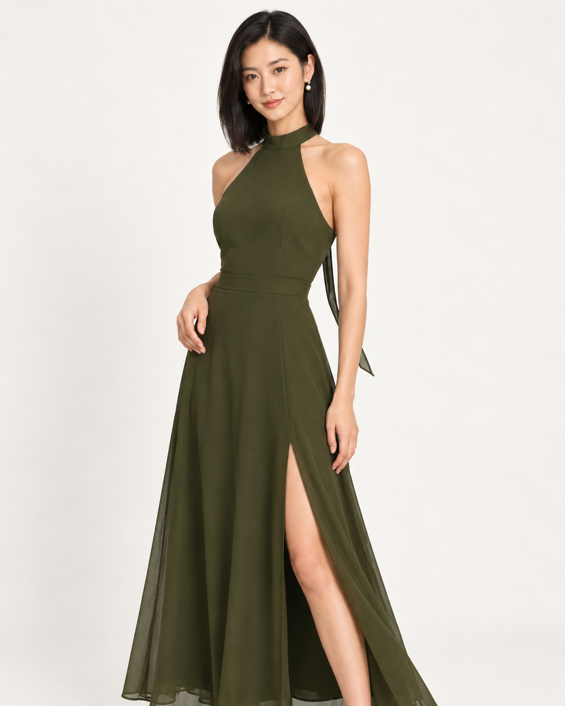 Maeve Olive Green Halter Chiffon Maxi Dress