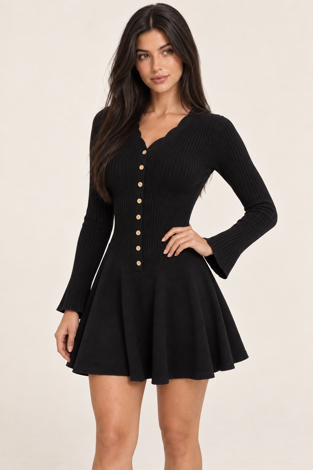 Lucienne Black Ribbed Button-Front Sweater Mini Dress