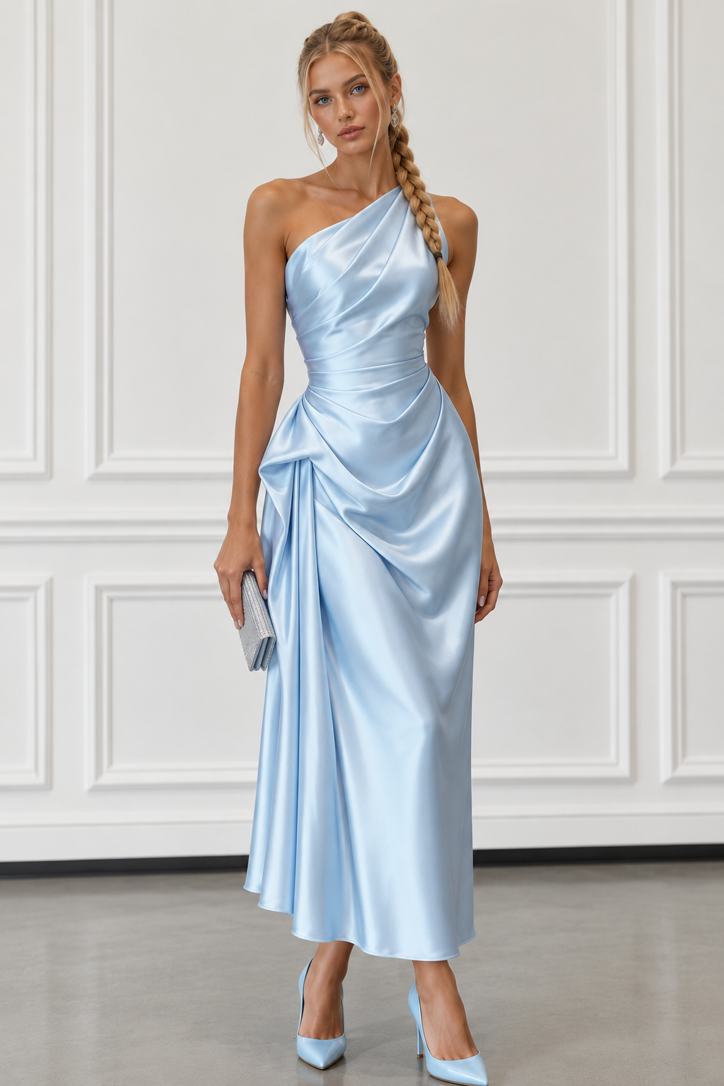 Celeste Ice Blue Draped Satin Dress