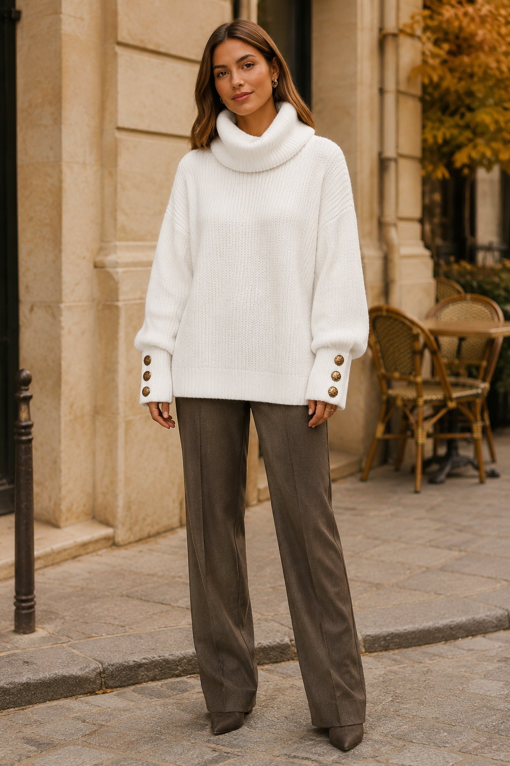Elodie Soft White Button-Cuff Turtleneck Sweater