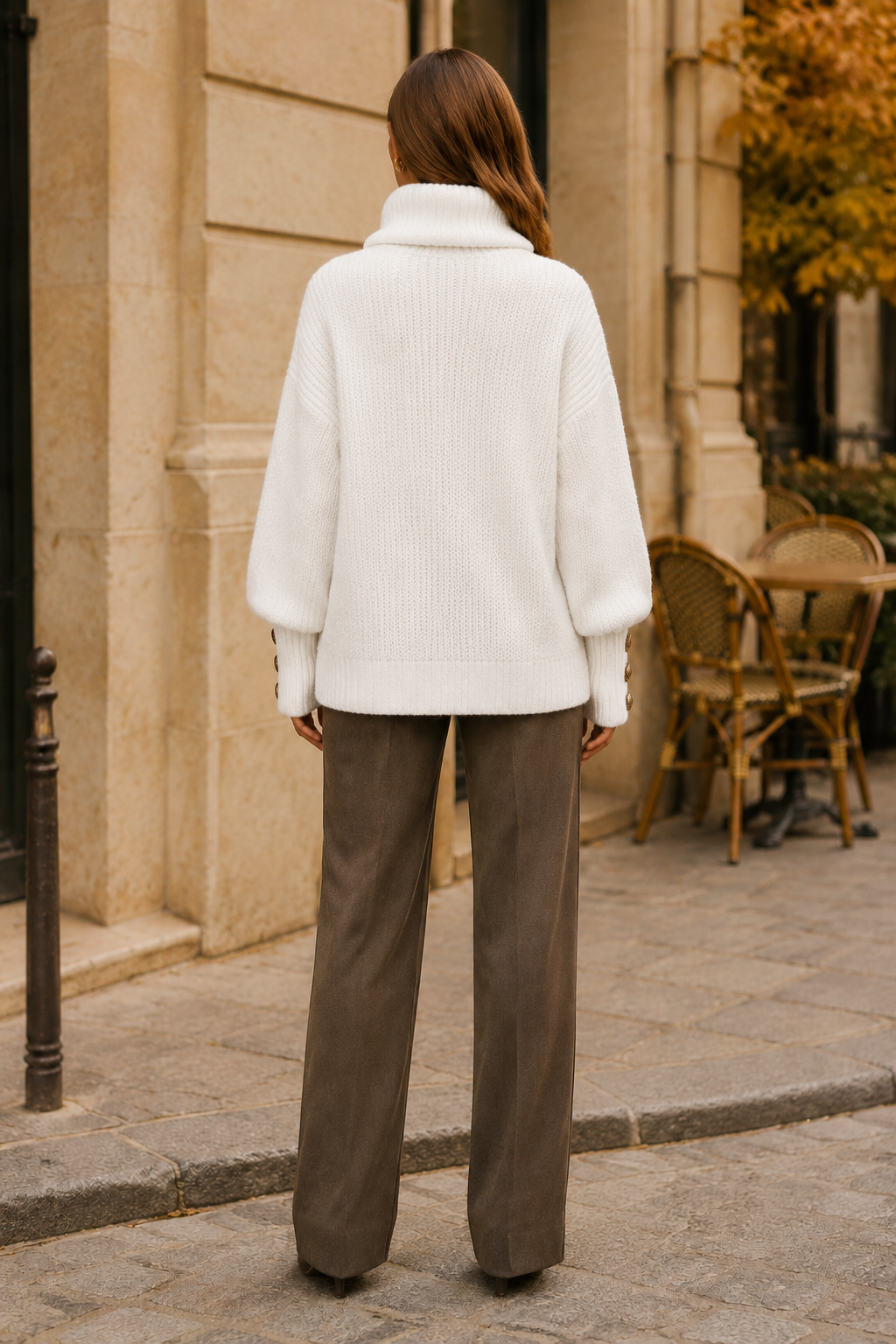 Elodie Soft White Button-Cuff Turtleneck Sweater
