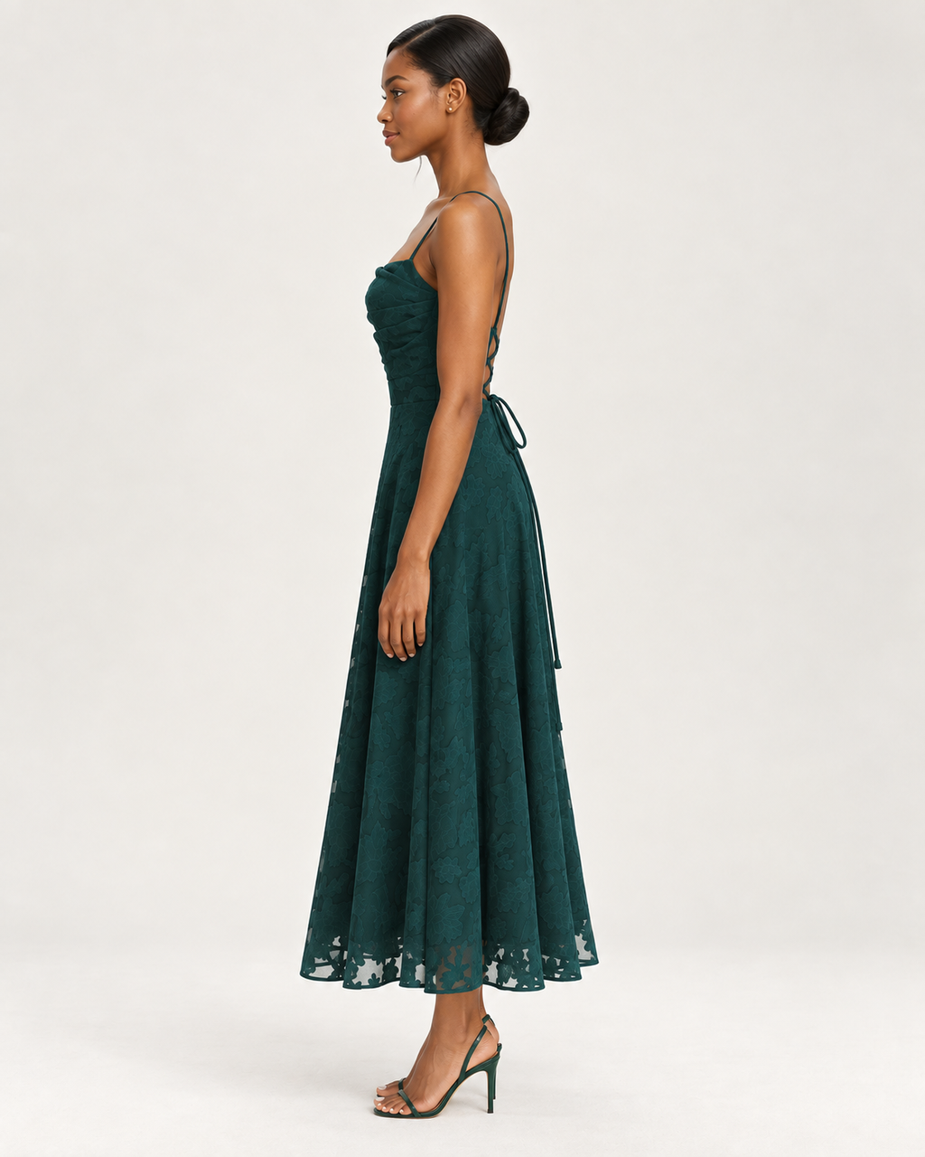 Ophelia Emerald Green Lace-Up Jacquard Midi Dress