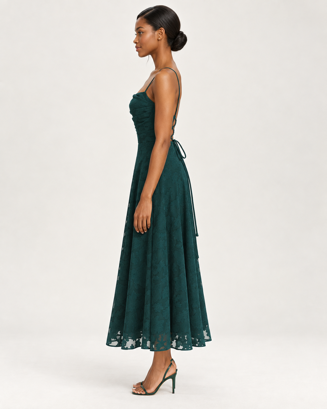 Ophelia Emerald Green Lace-Up Jacquard Midi Dress