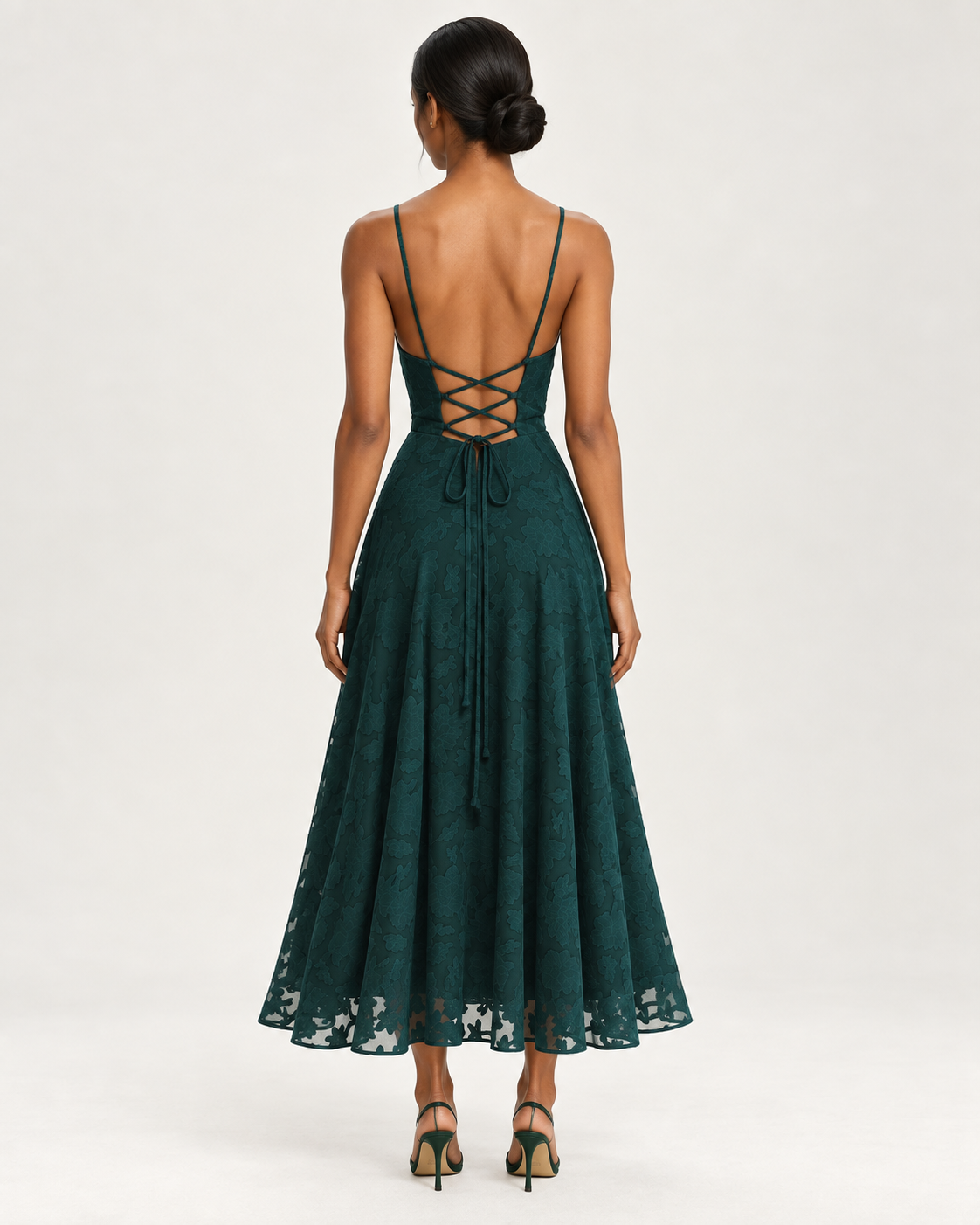 Ophelia Emerald Green Lace-Up Jacquard Midi Dress