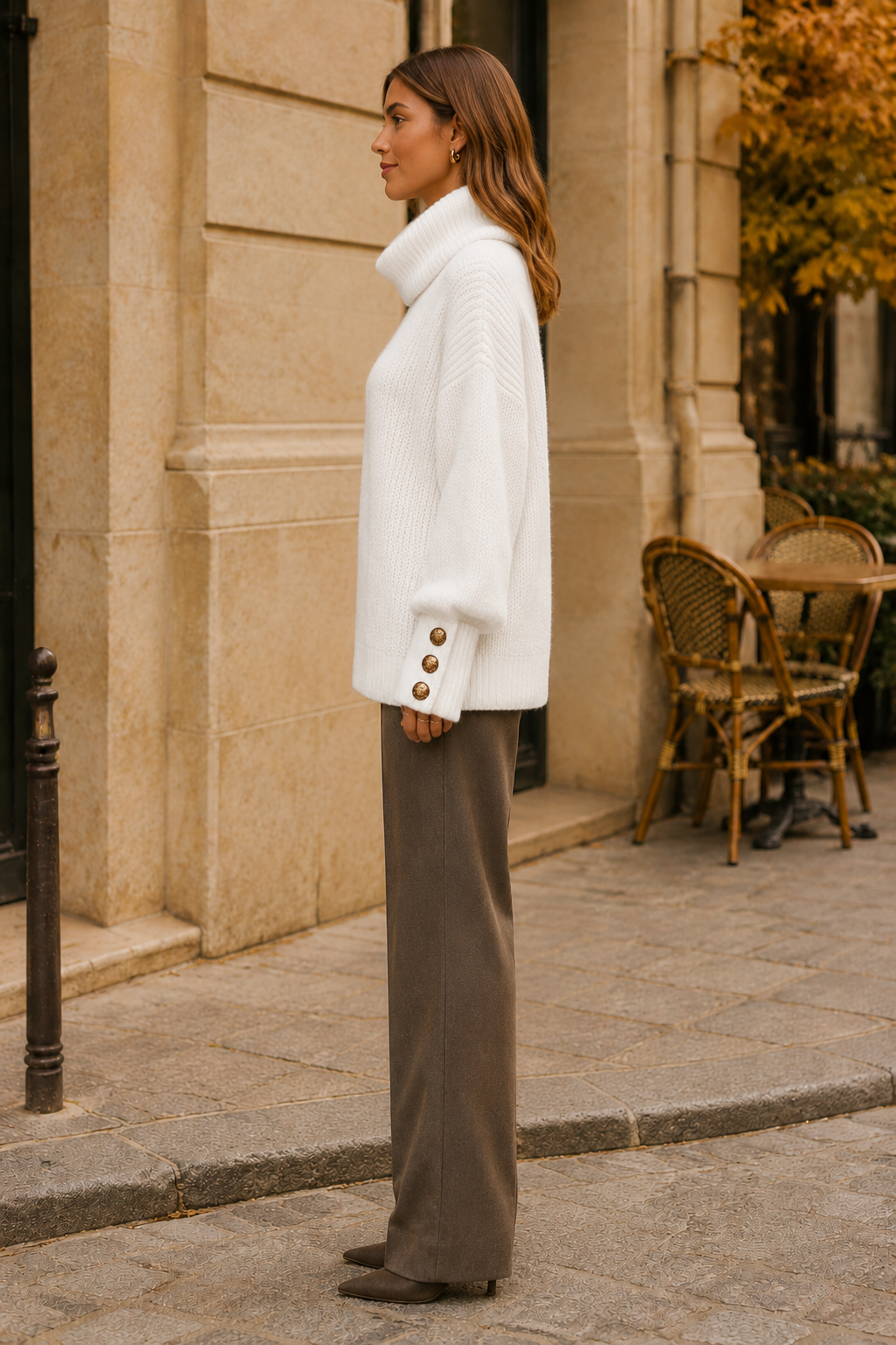 Elodie Soft White Button-Cuff Turtleneck Sweater