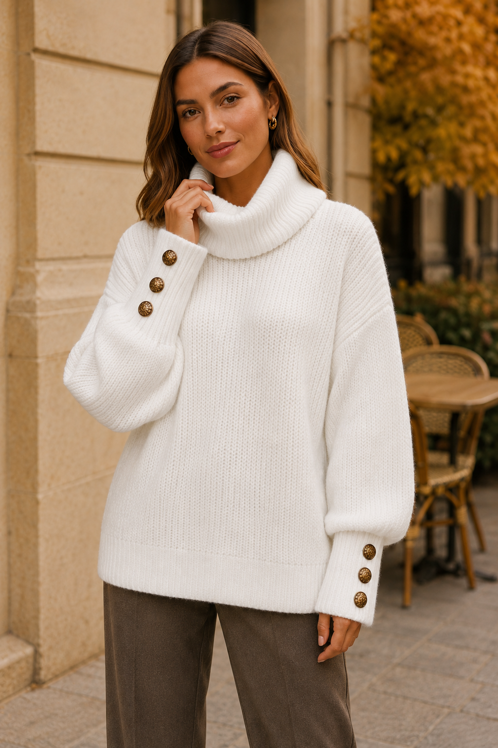 Elodie Soft White Button-Cuff Turtleneck Sweater