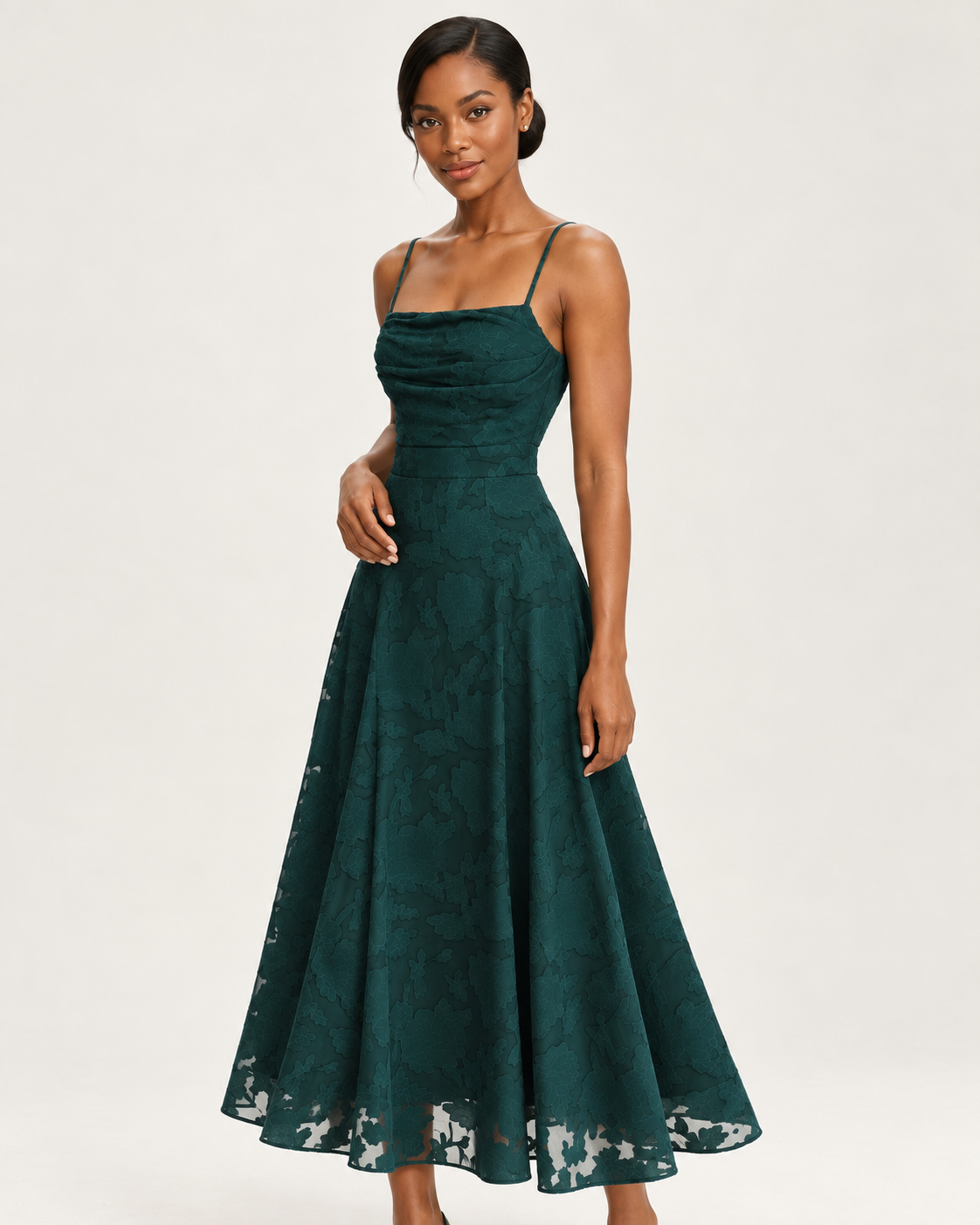Ophelia Emerald Green Lace-Up Jacquard Midi Dress