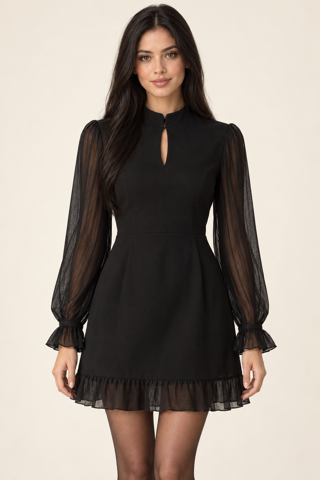 Rosalie Black Puff Sleeve Tie-Back Chiffon Mini Dress