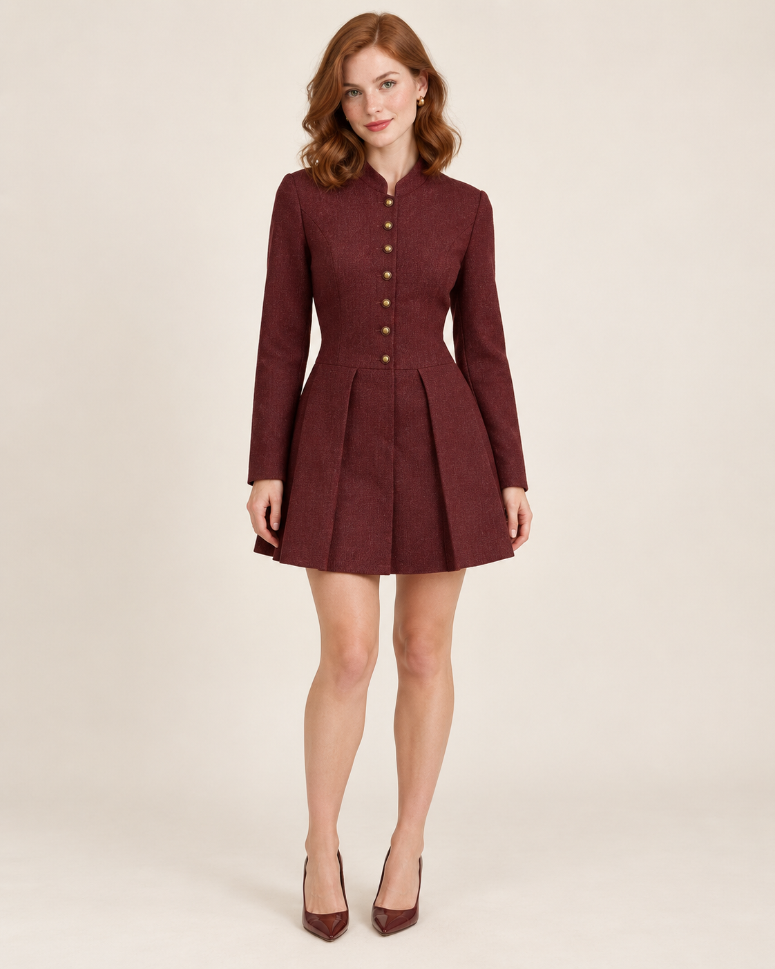 Verena Wine Red Pleated Button Mini Dress