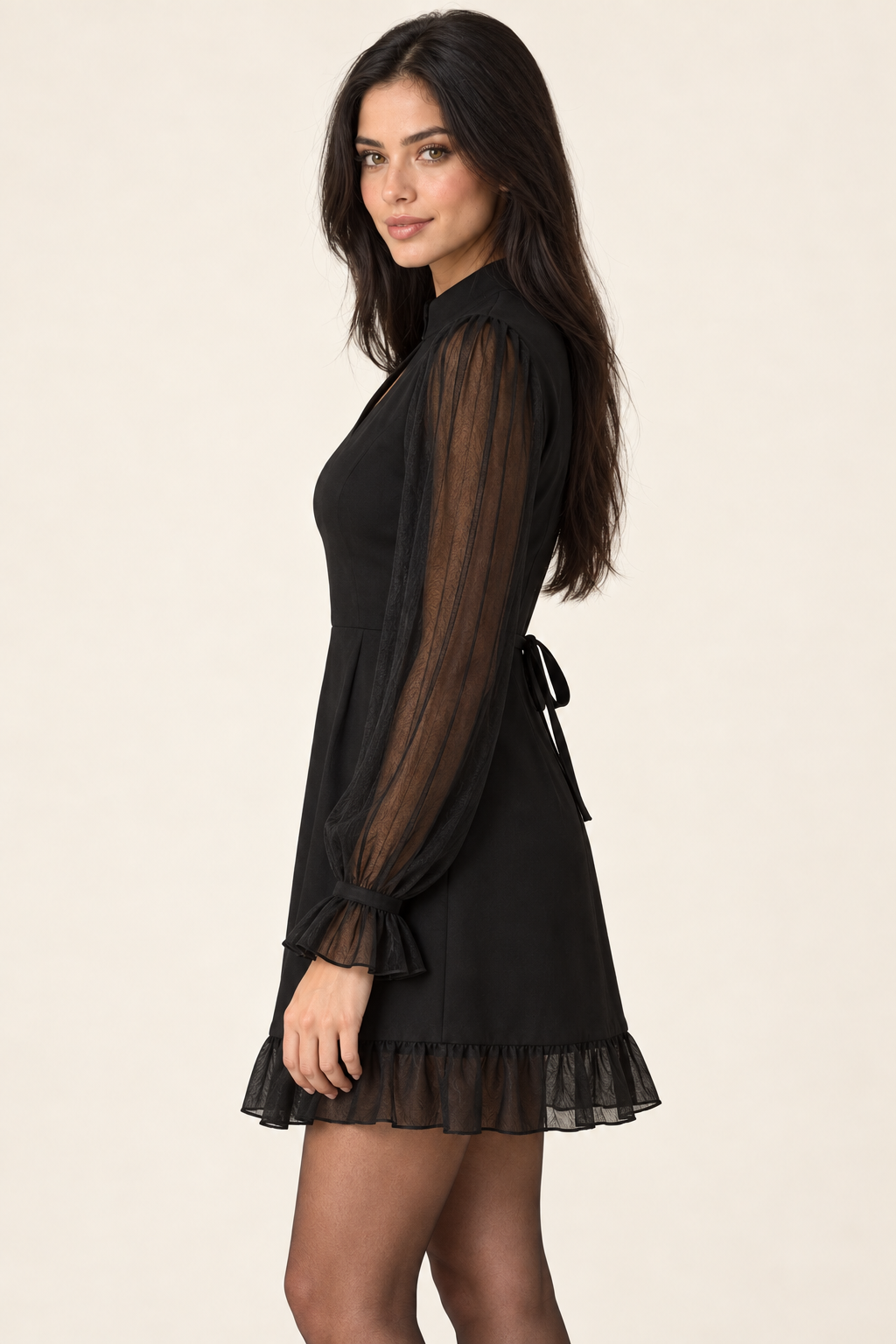 Rosalie Black Puff Sleeve Tie-Back Chiffon Mini Dress