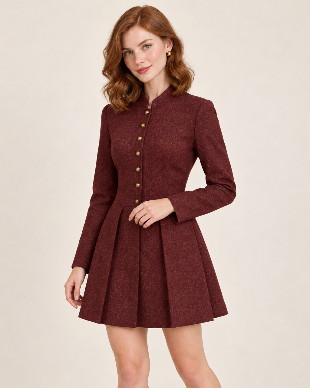 Verena Wine Red Pleated Button Mini Dress
