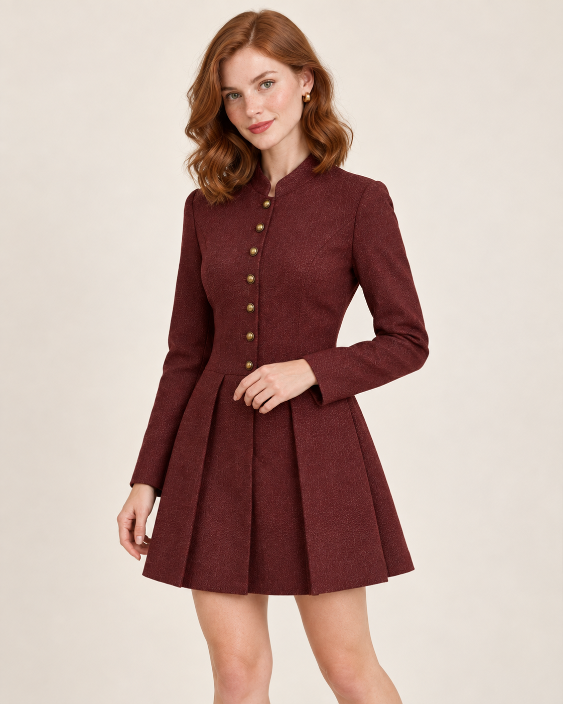 Verena Wine Red Pleated Button Mini Dress