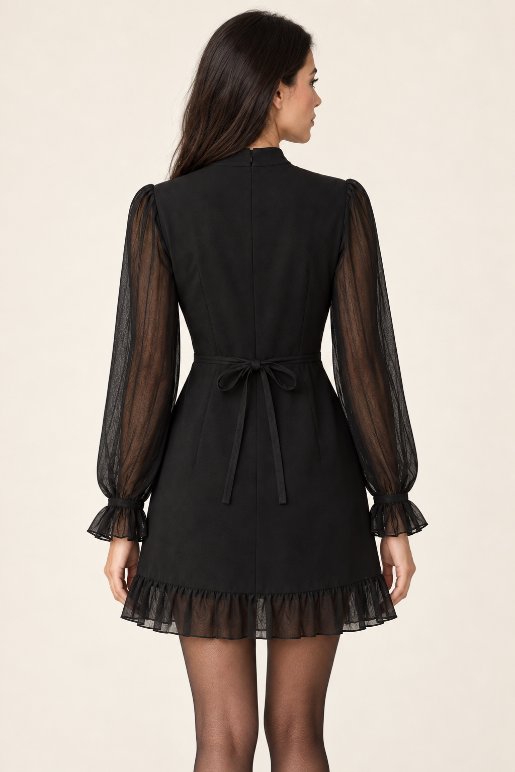 Rosalie Black Puff Sleeve Tie-Back Chiffon Mini Dress