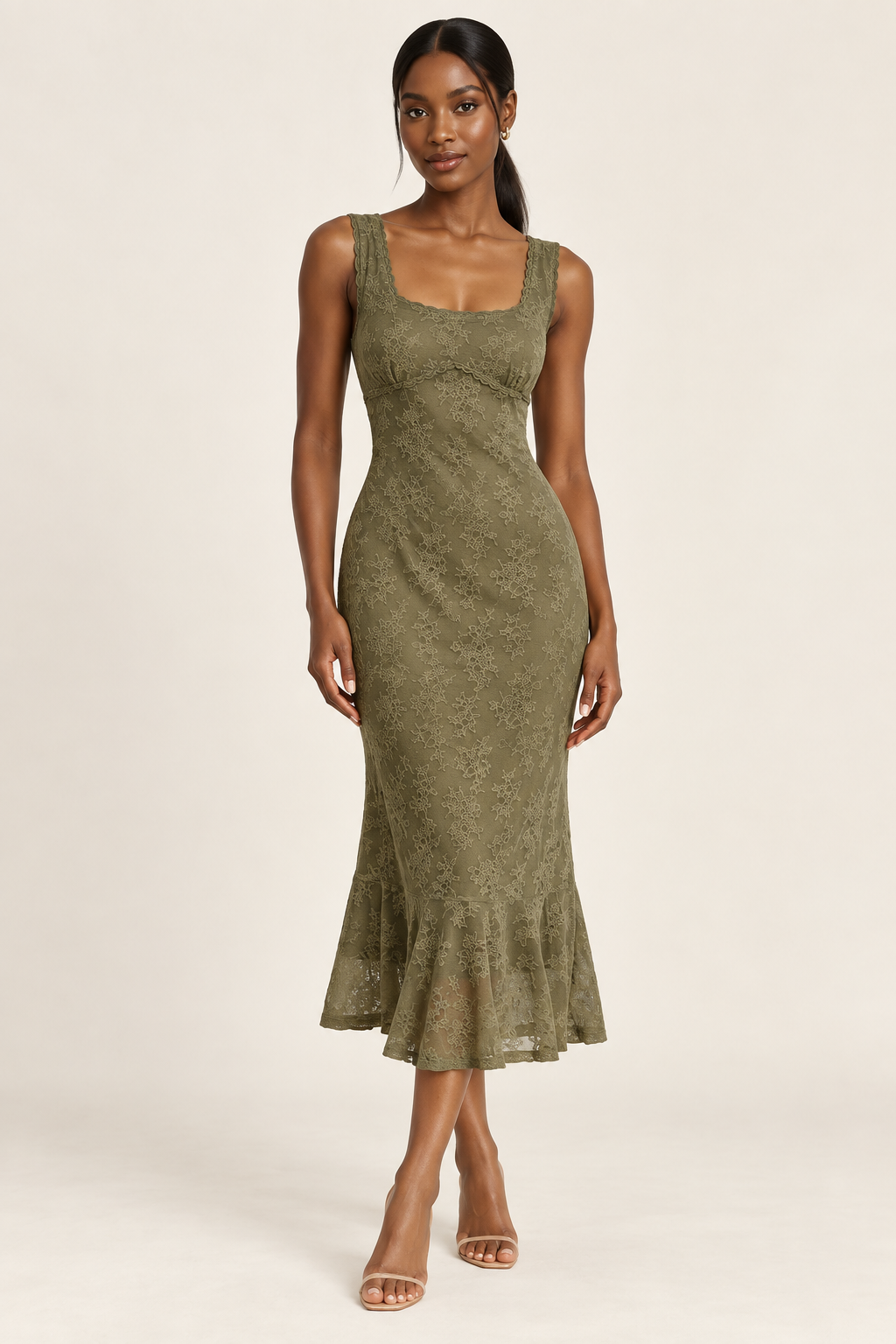 Aurelia Olive Floral Lace Trumpet Midi Dress
