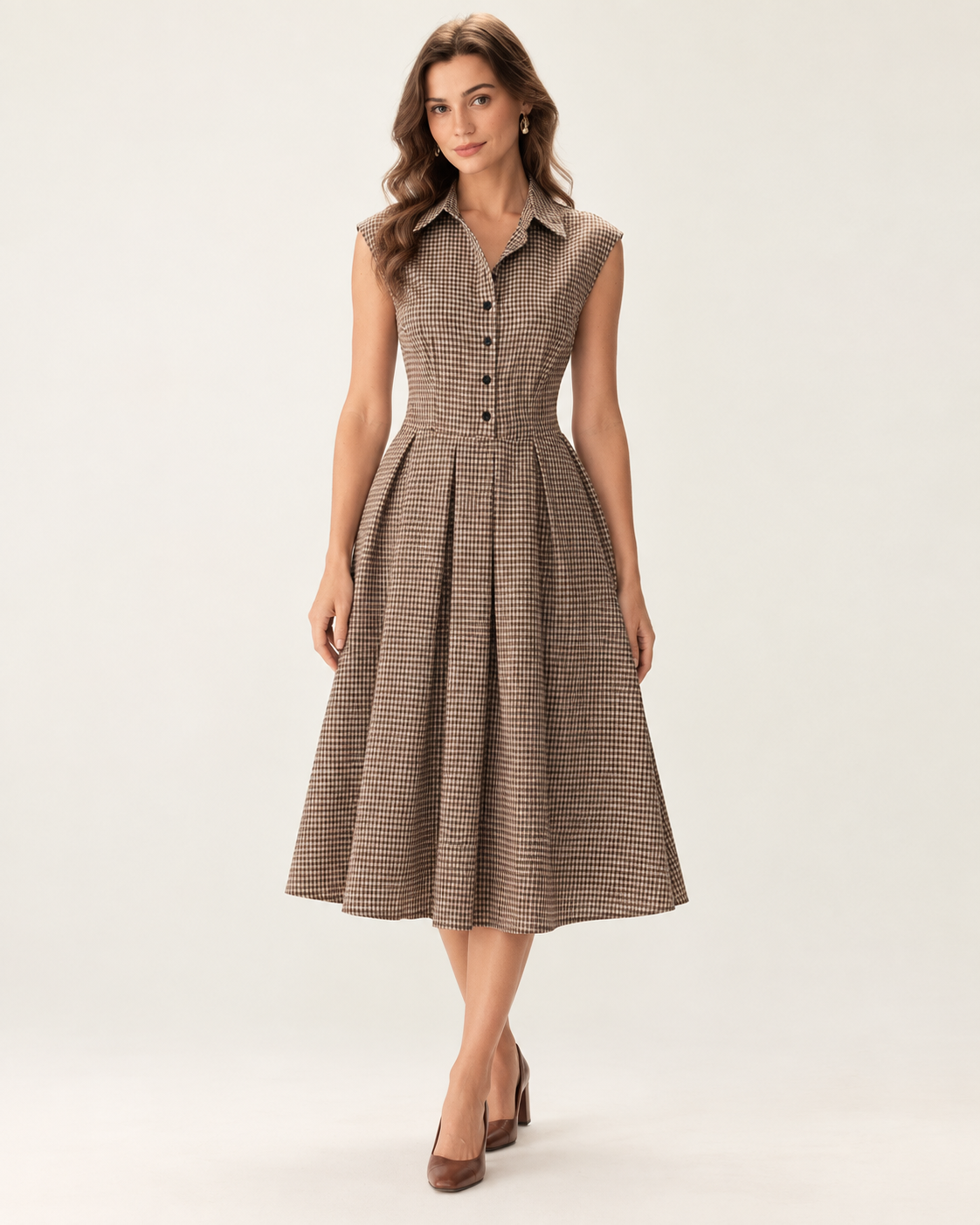 Beatrice Coffee Plaid Pleated Midi Dress