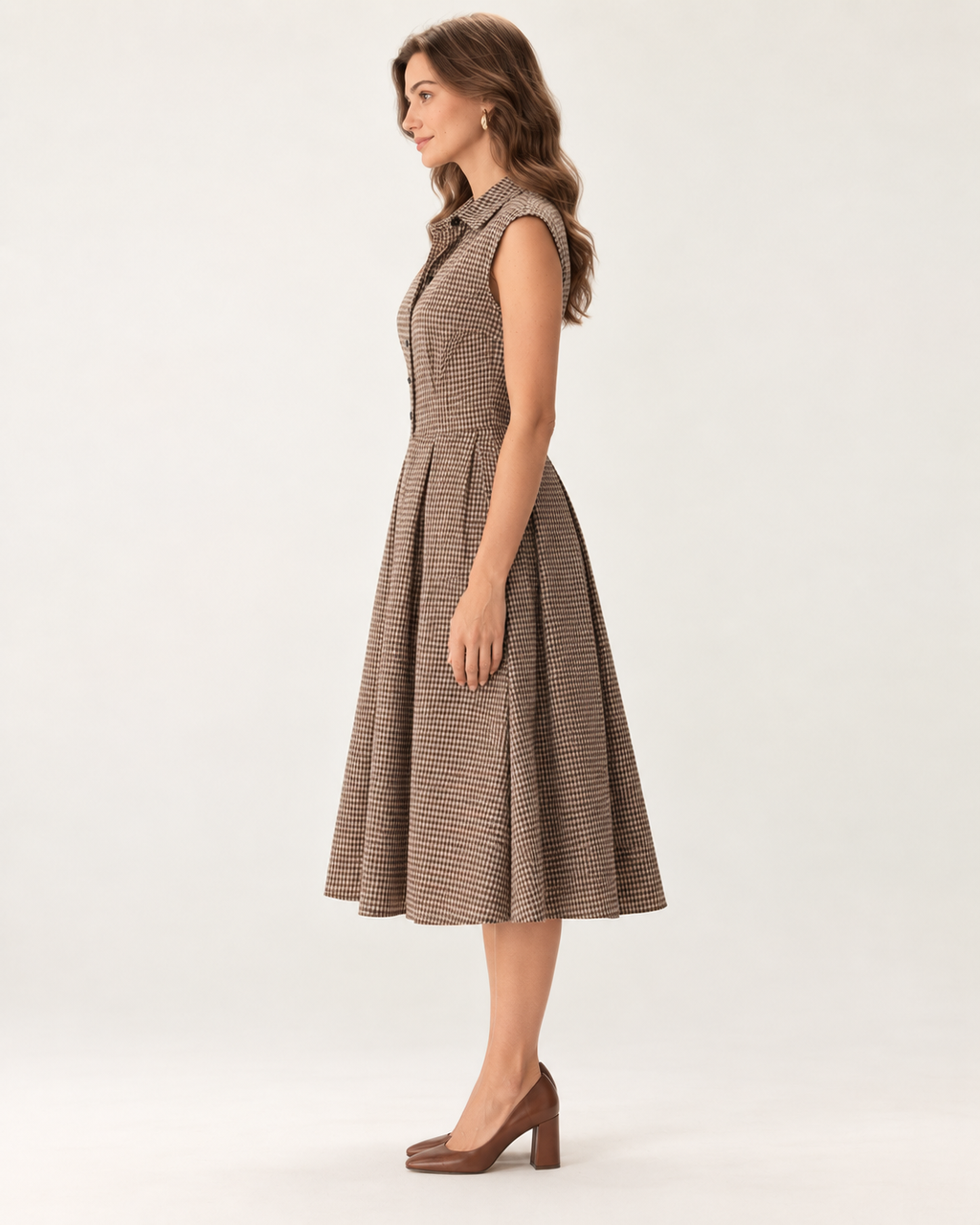 Beatrice Coffee Plaid Pleated Midi Dress
