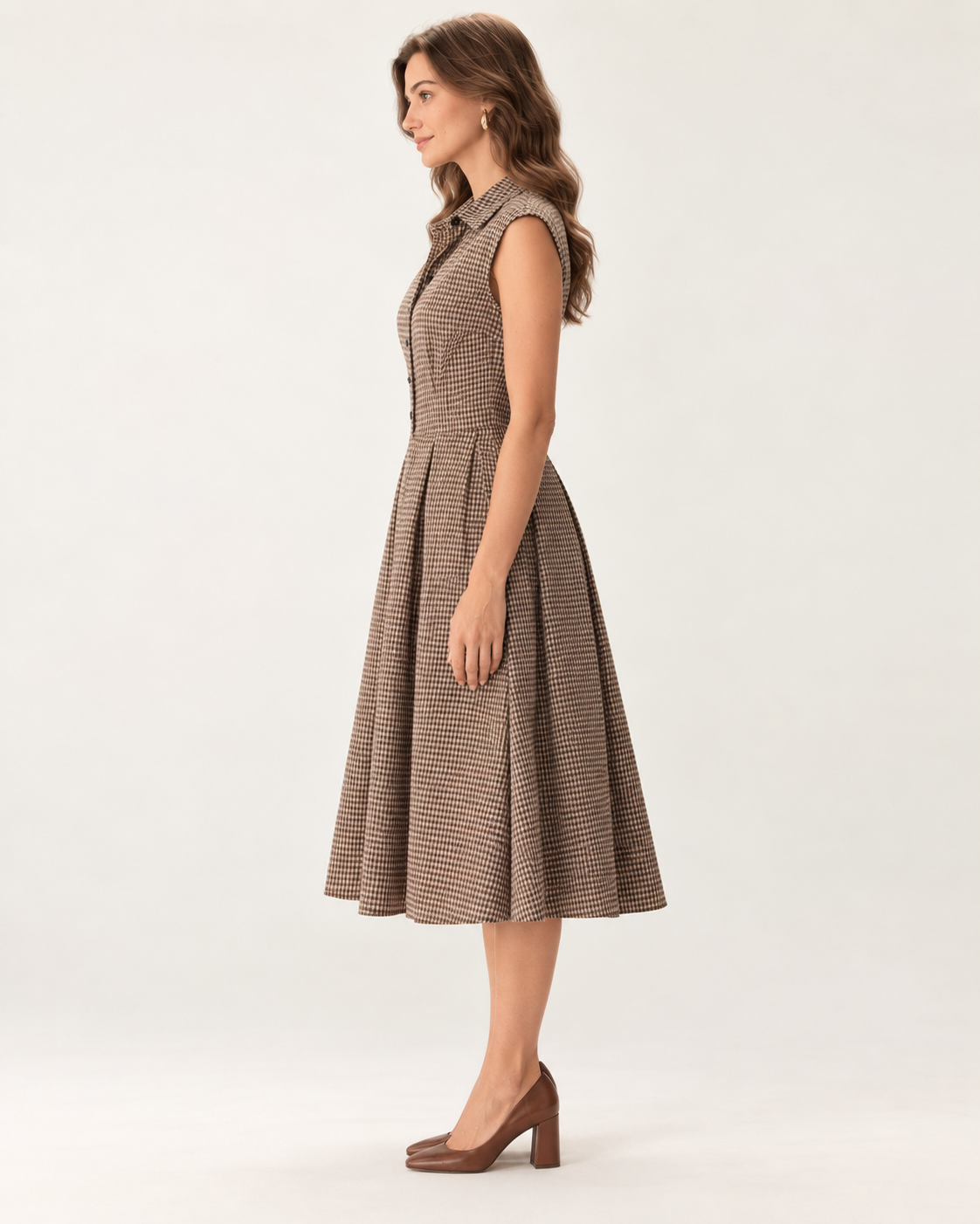 Beatrice Coffee Plaid Pleated Midi Dress