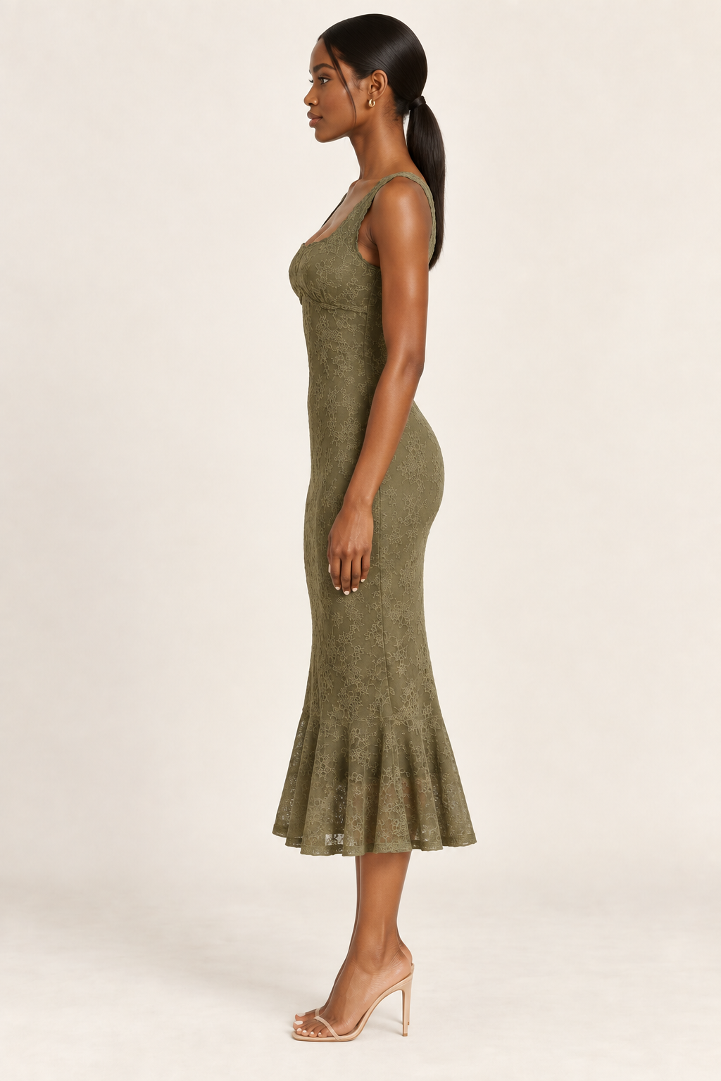 Aurelia Olive Floral Lace Trumpet Midi Dress