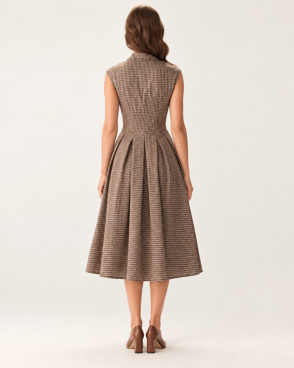 Beatrice Coffee Plaid Pleated Midi Dress