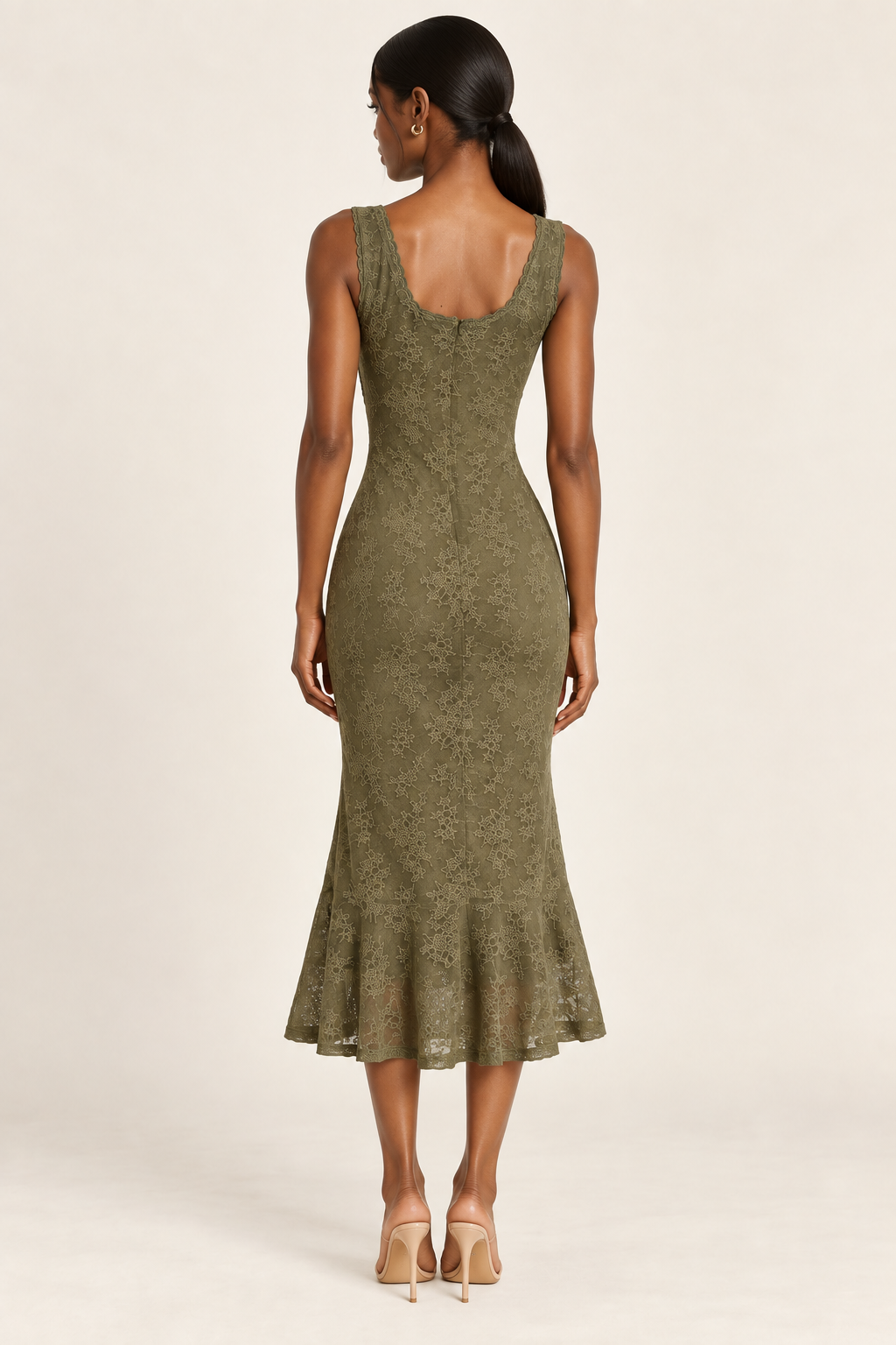 Aurelia Olive Floral Lace Trumpet Midi Dress