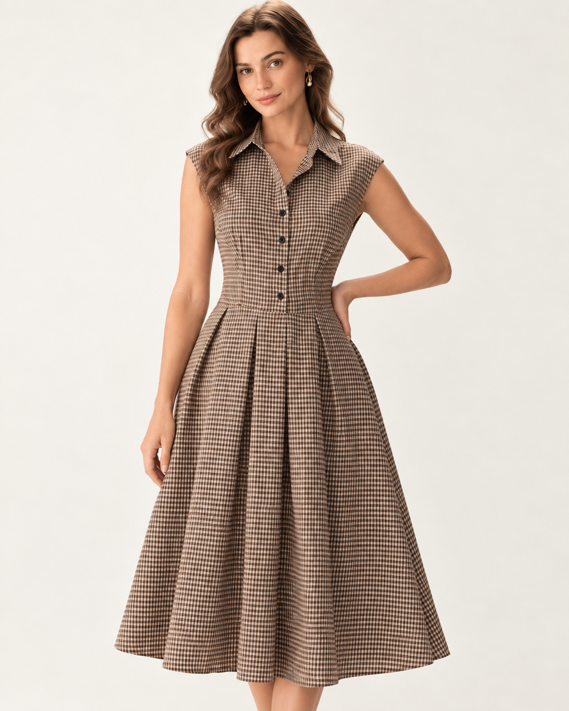 Beatrice Coffee Plaid Pleated Midi Dress